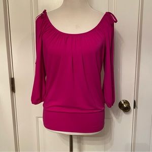 CACHE TOP BLOUSE TUNIC PINK SPLIT SLEEVES TIES COLD SHOULDER SCOOP NECK Size XS
